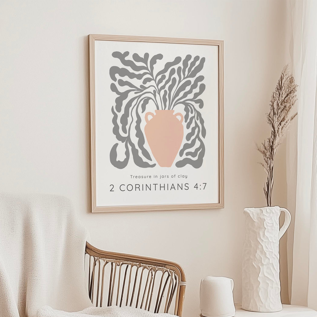 Inspirational Christian wall art with peach pot, botanical vine, and scripture from 2 Corinthians 4:7.