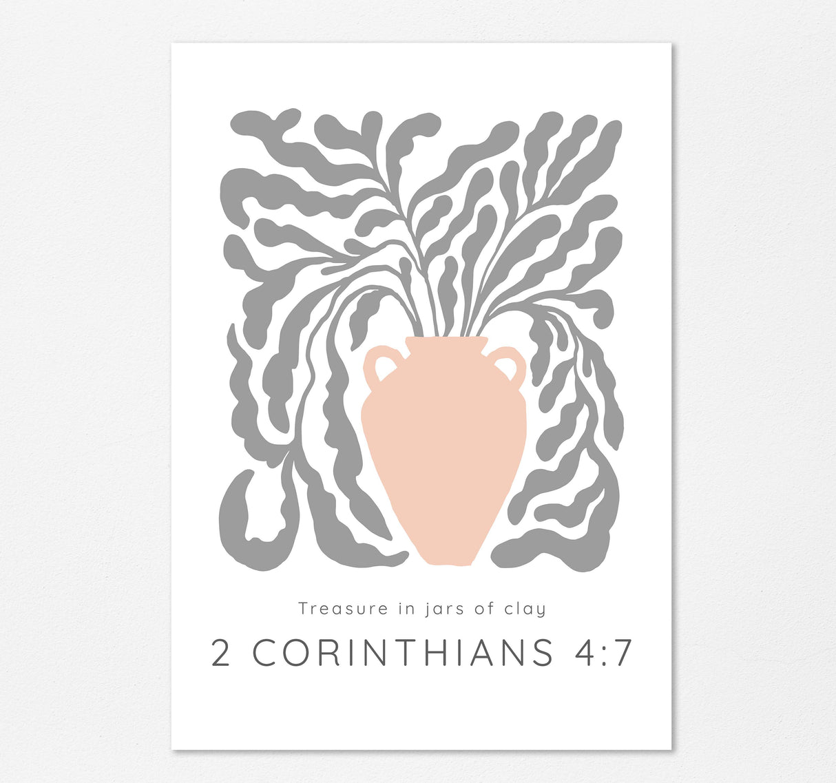 Bible verse wall art print with peach jar, vine plant, and 2 Corinthians 4:7 scripture.