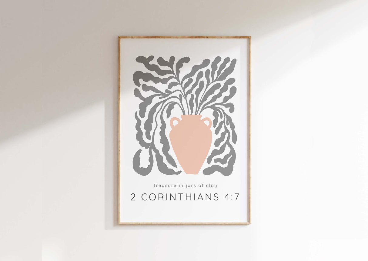 Christian print with peach jar and vine illustration featuring "Treasure In Jars Of Clay" verse.