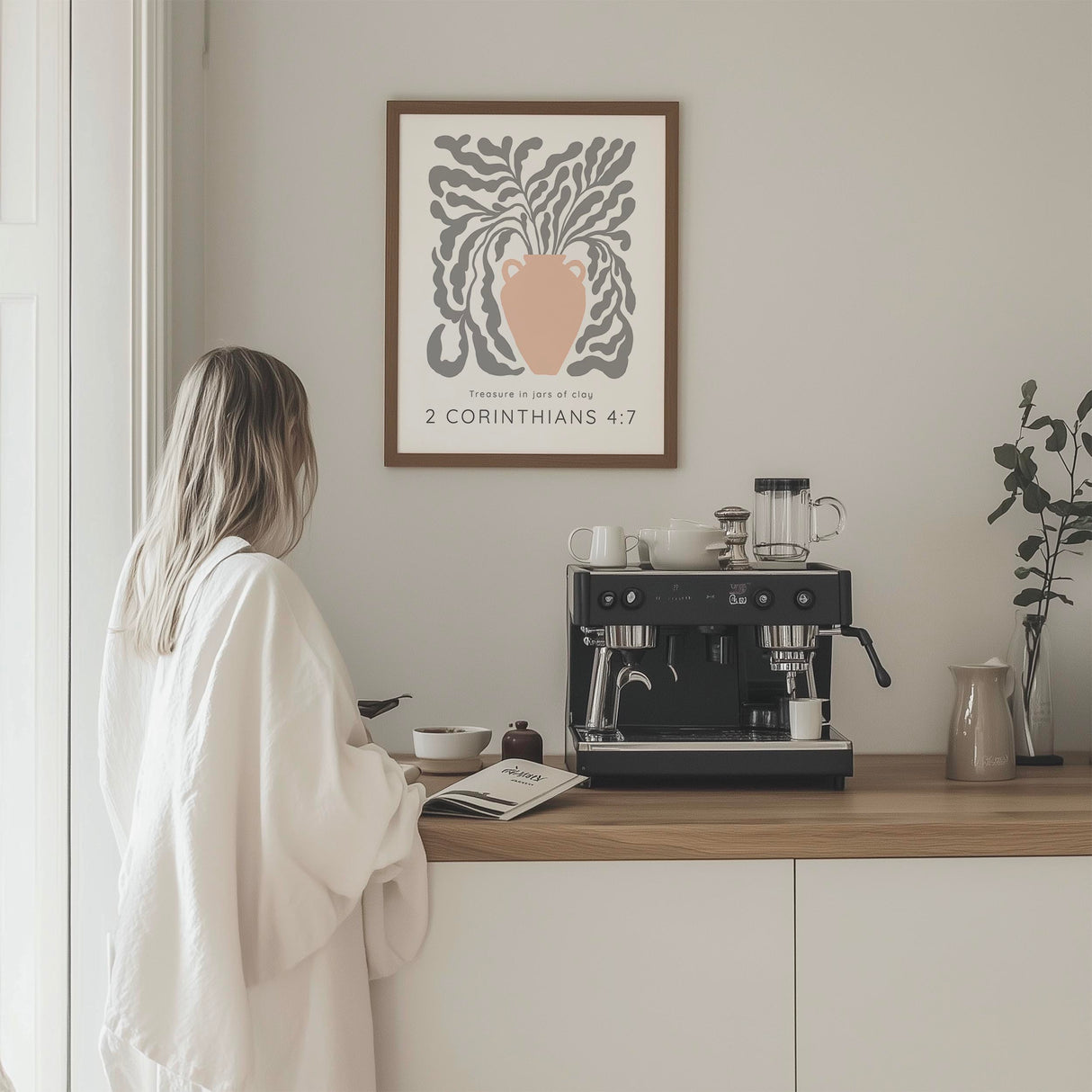 Pastel peach pot and vine 2 Corinthians 4:7 print with "Treasure In Jars Of Clay" Bible verse wall art.