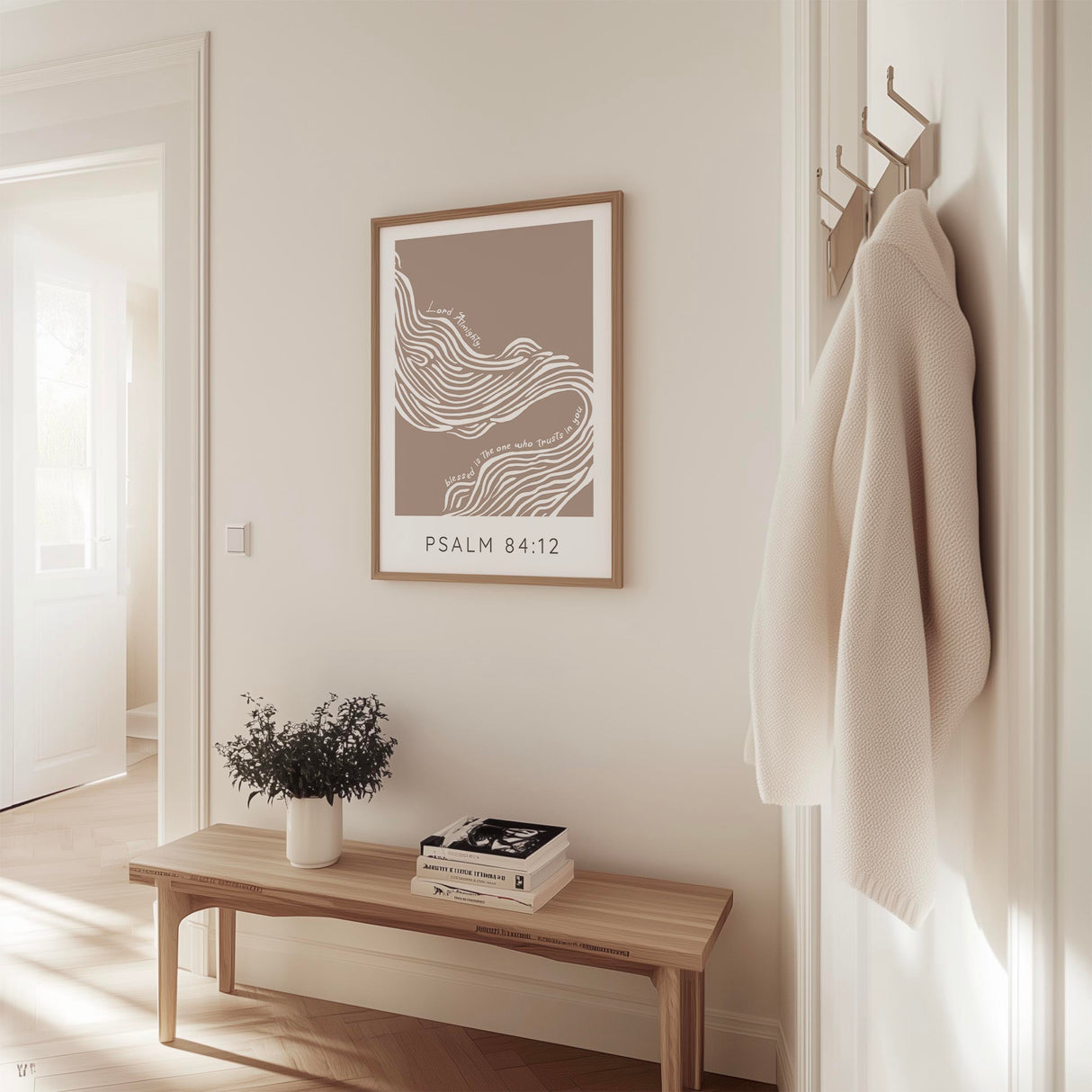 Neutral faith aesthetic wall decor print featuring Psalm 84 12 scripture verse. Christian abstract river print with Psalm 84 12 for inspirational home decor.