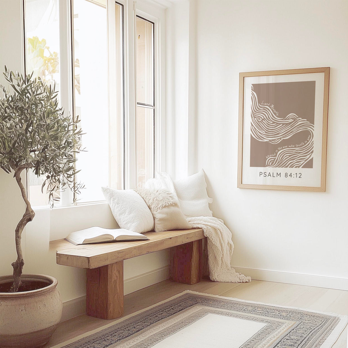 Psalm 84 12 Christian abstract river wall art print with neutral tones for home or office. Modern scripture print of Psalm 84 12 with white river and tan background.