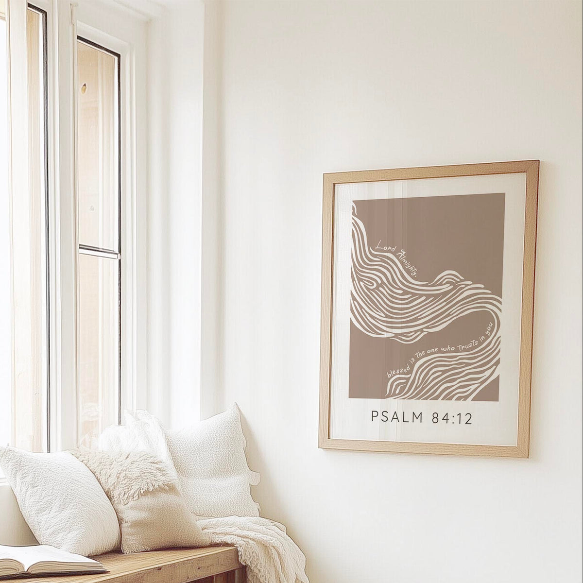 Psalm 84 12 Christian abstract river wall art print with neutral tones for home or office. Modern scripture print of Psalm 84 12 with white river and tan background.