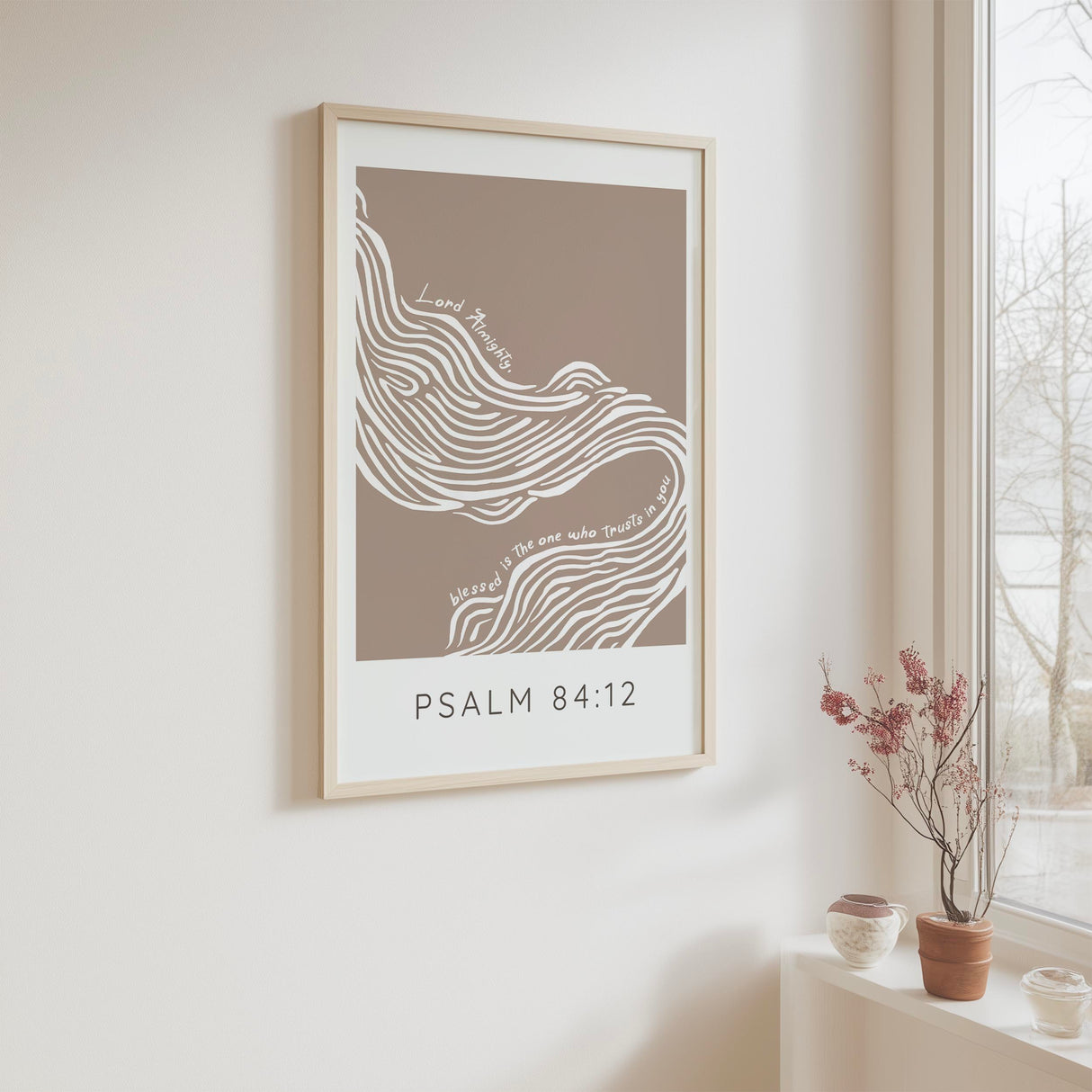 Psalm 84 12 Bible verse wall art print with flowing abstract river design.
