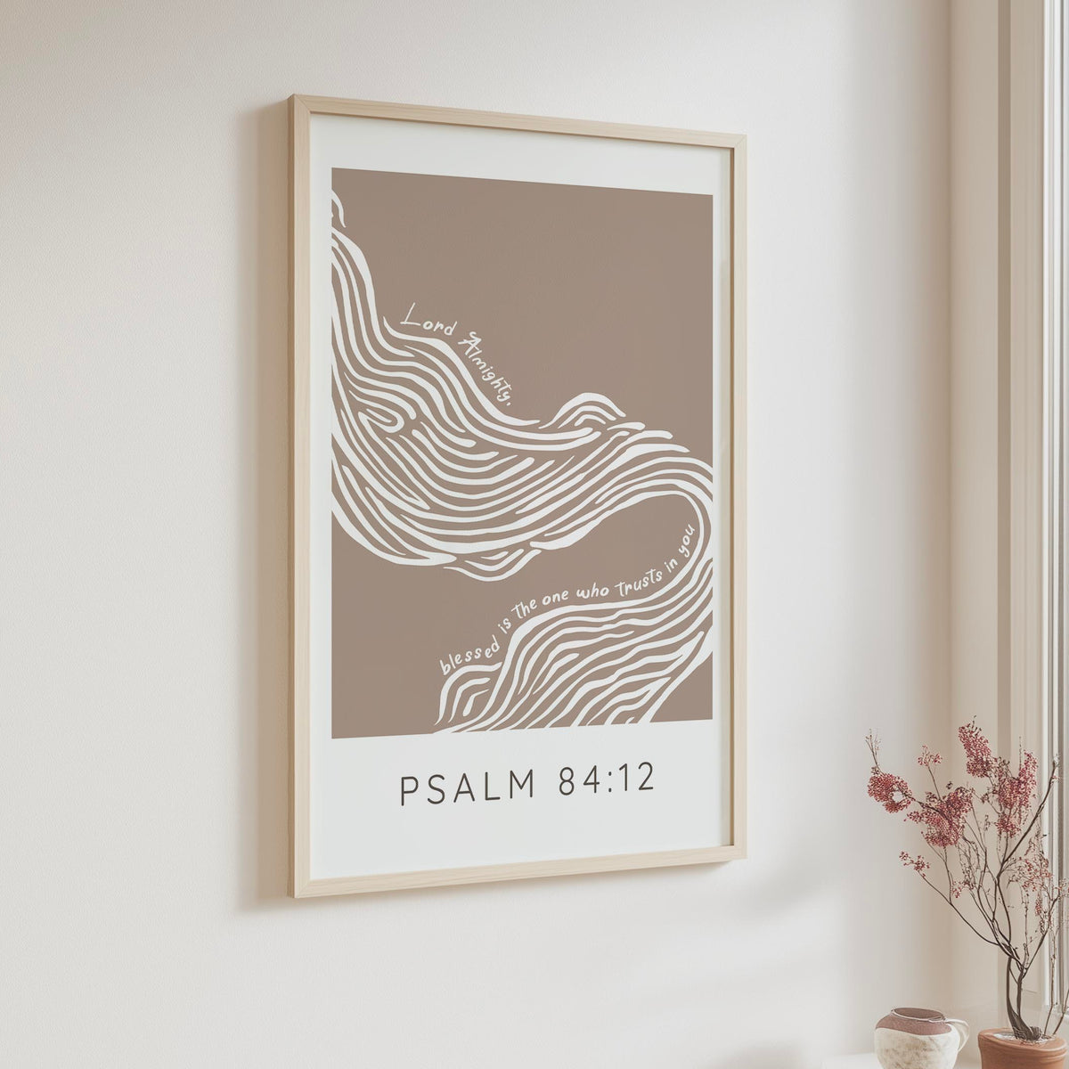 Psalm 84 12 Bible verse wall art print with flowing abstract river design.