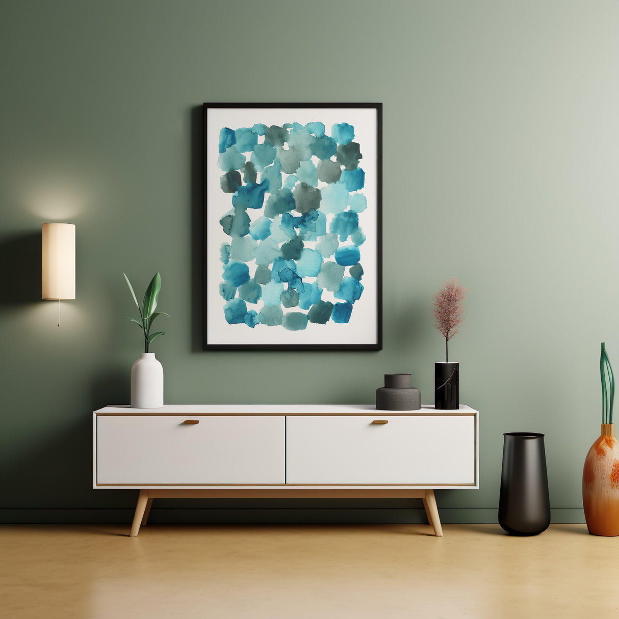 Contemporary abstract print with layered turquoise hues and gentle brushstrokes.