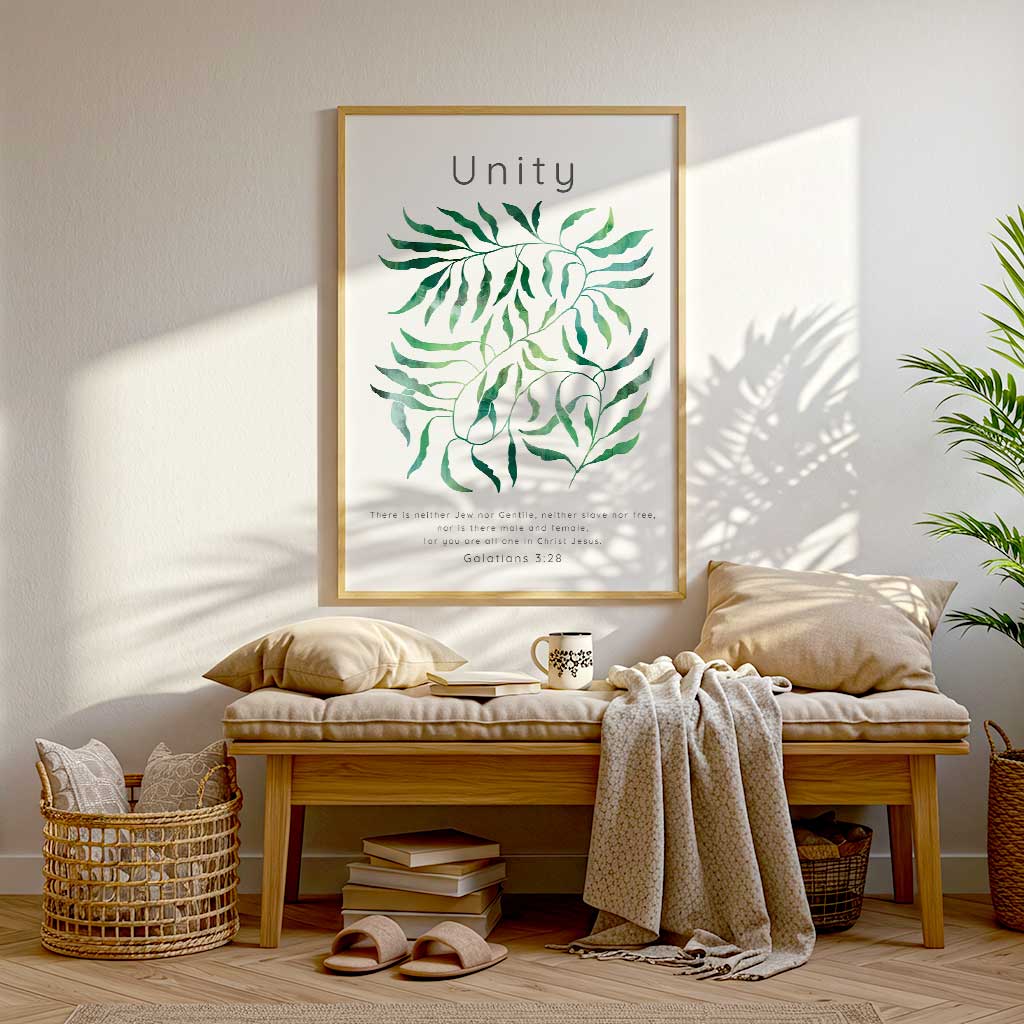 Galatians 3:28 - All One In Christ Bible verse unity quote with flowing botanical leaf design in soft green watercolour tones.