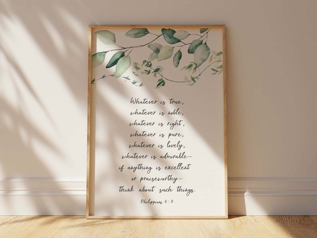 Christian bedroom wall art with nature inspiration, Encouraging eucalyptus leaf art with Philippians 4:8