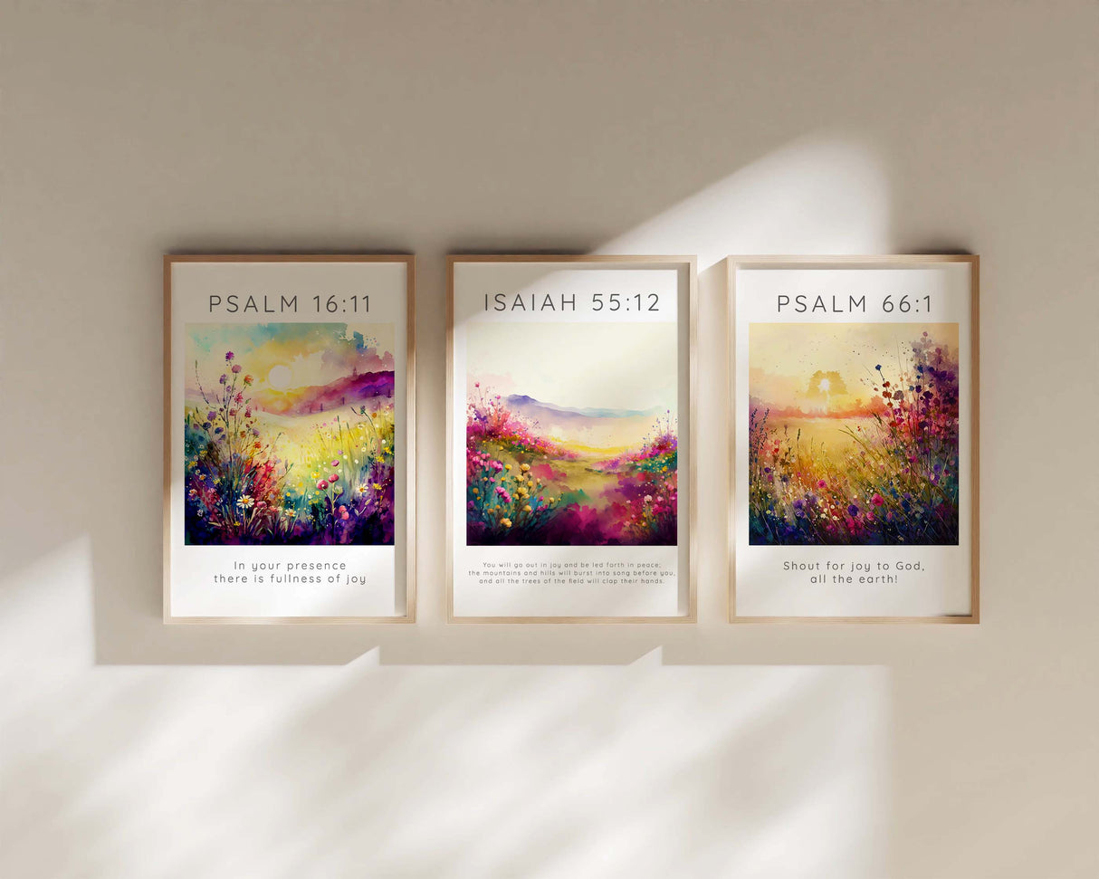 Joy Bible Verse 3 Print Set, Sunset Flower Garden Scripture Wall Art, Christian scripture wall art with floral meadow