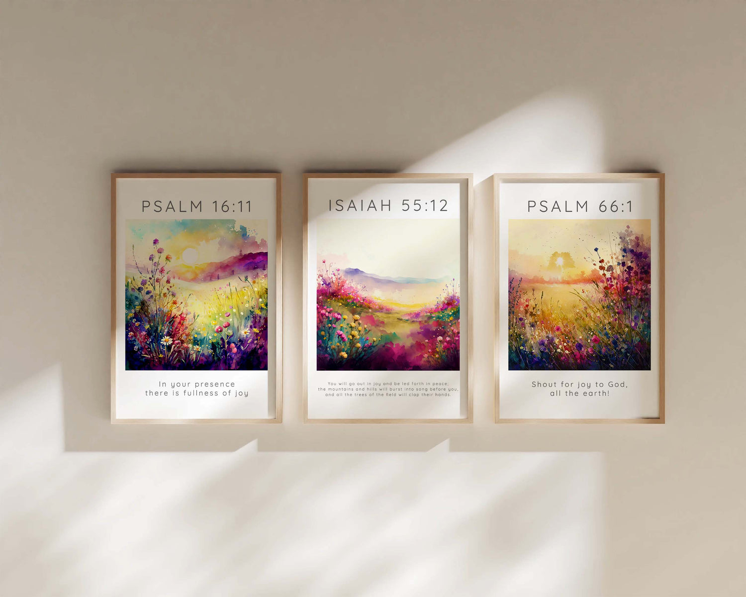 Joy Bible Verse 3 Print Set, Sunset Flower Garden Scripture Wall Art, Christian scripture wall art with floral meadow