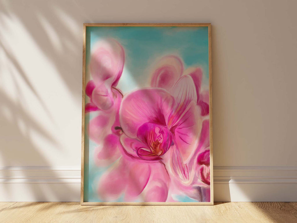 Striking Pink Orchid Illustration on Bright Blue Print, Modern Orchid Wall Decor with Bright Pink and Blue Tones