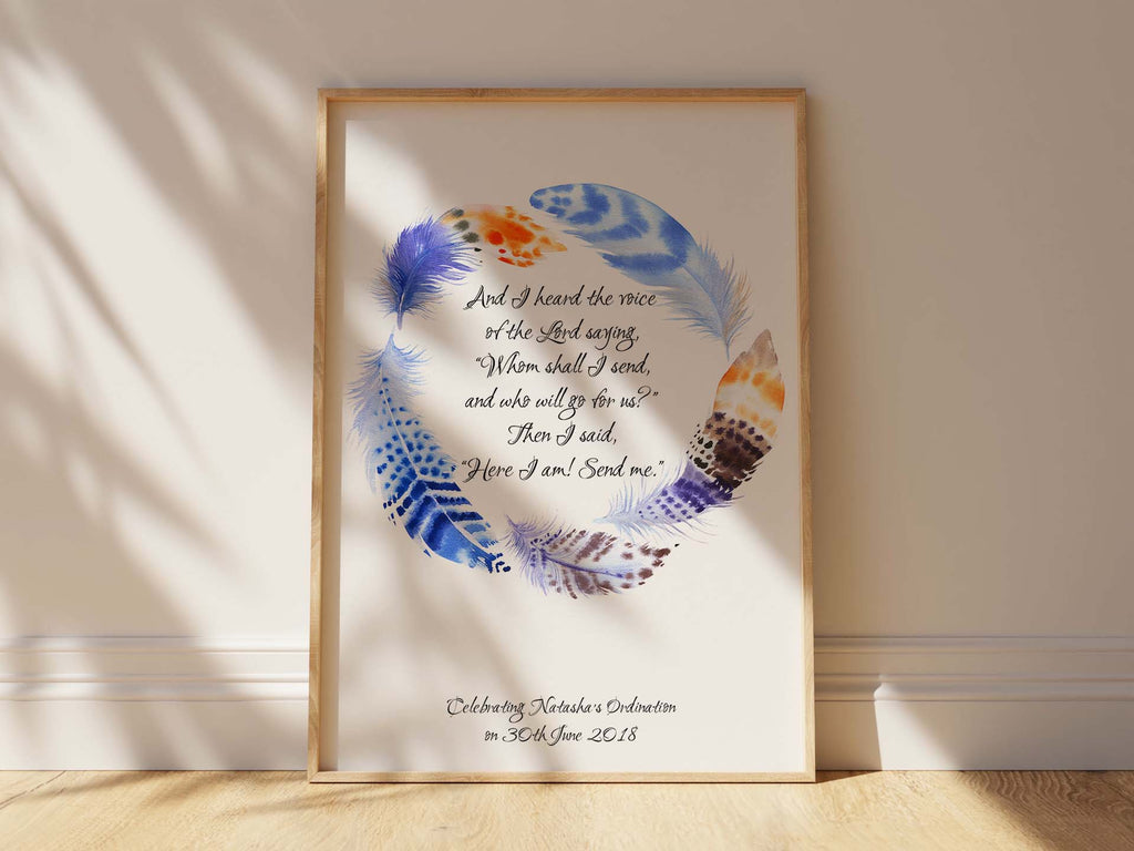 Blue and Orange Feather Wreath Wall Art for Ordination, Isaiah 6:8 Quote Print for Ordination Ceremony, Scripture-inspired Wall Decor