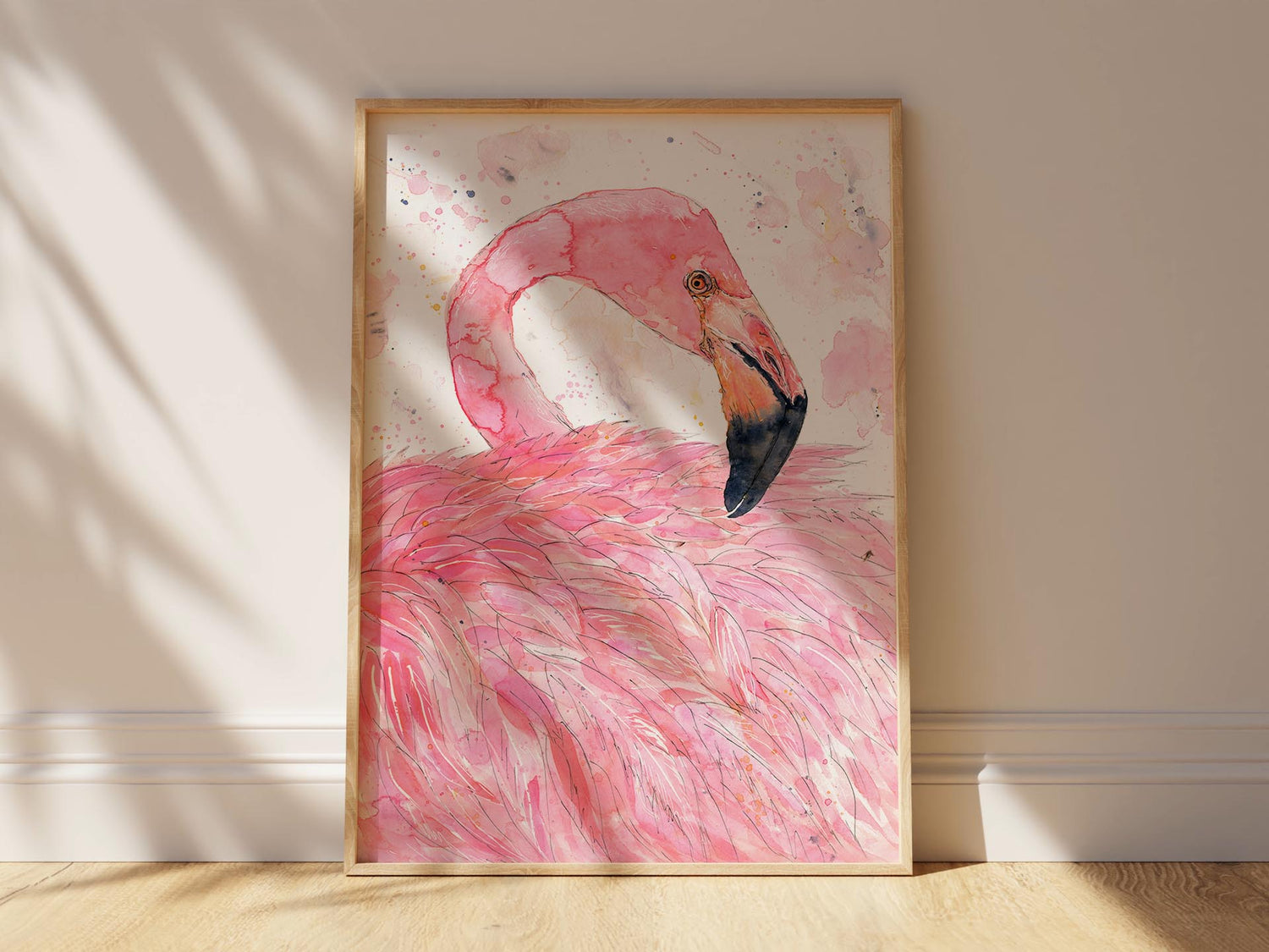 'Blush and Feathers' - Pink Flamingo Wall Art Print, Modern Pink Bird Watercolor for Elegant Modern or Tropical Inspired Home Decor