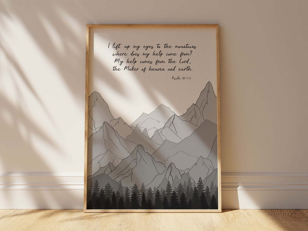 Psalm 121 wall art with mountain scenery, Christian home decor with Psalm 121, Psalm 121 wall art for bedroom, 