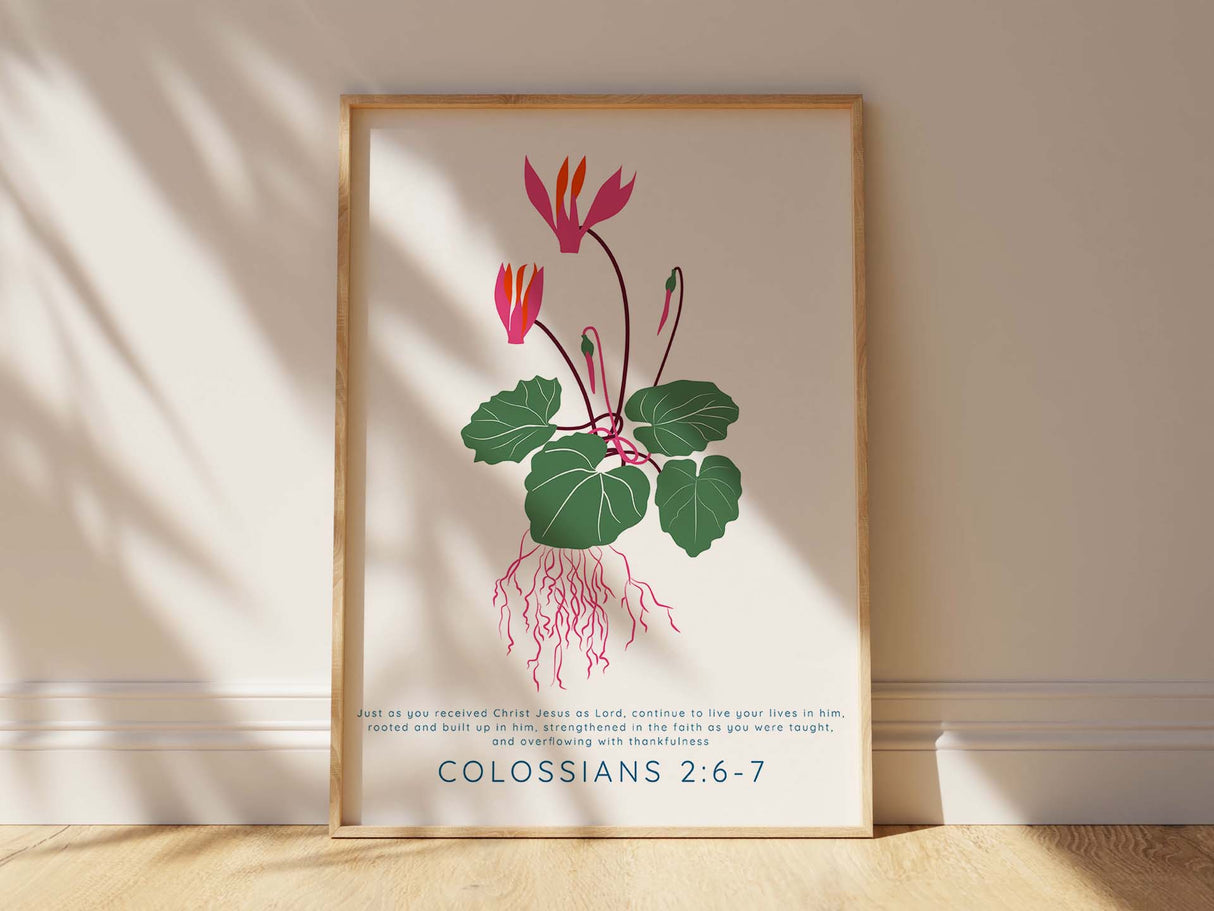 "Overflowing with thankfulness" art print, Biblical inspiration, Faith-focused home decor, Rooted in Christ quote