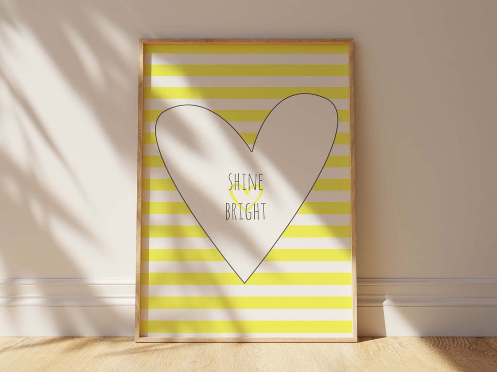 "Shine Bright" quote art with yellow stripes for nursery, Heartwarming nursery wall art with uplifting message