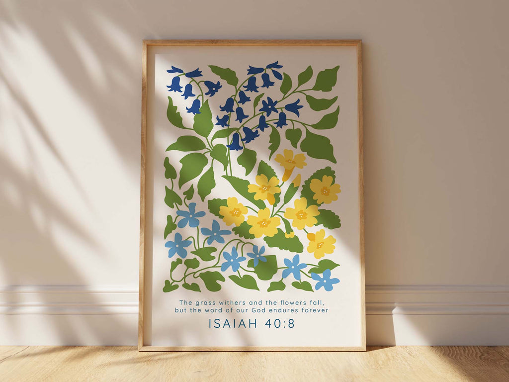 Floral scripture art with everlasting message, Blue and yellow floral Christian wall art, Inspirational Bible verse in floral design