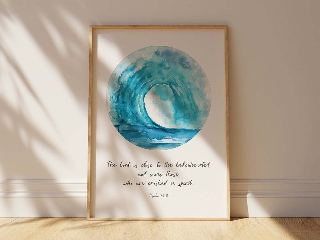 Watercolor turquoise wave Bible verse print, Psalm 34:18 wall art with comforting quote, 'The Lord is Close to the Brokenhearted'