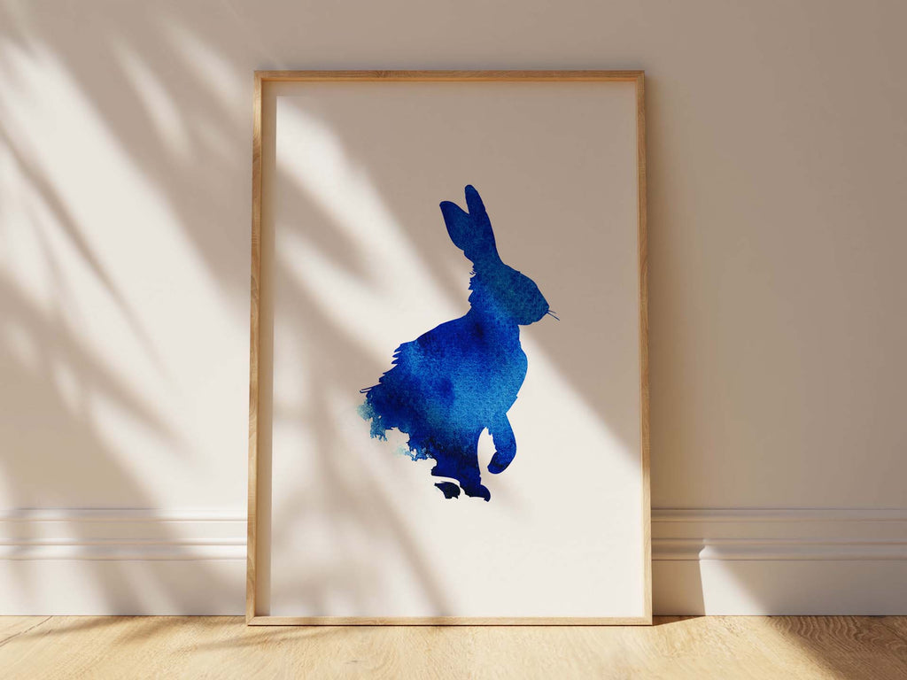 Minimalist animal art: Blue hare watercolor print, Serene rabbit silhouette in shades of blue, Calm and serene blue watercolor hare