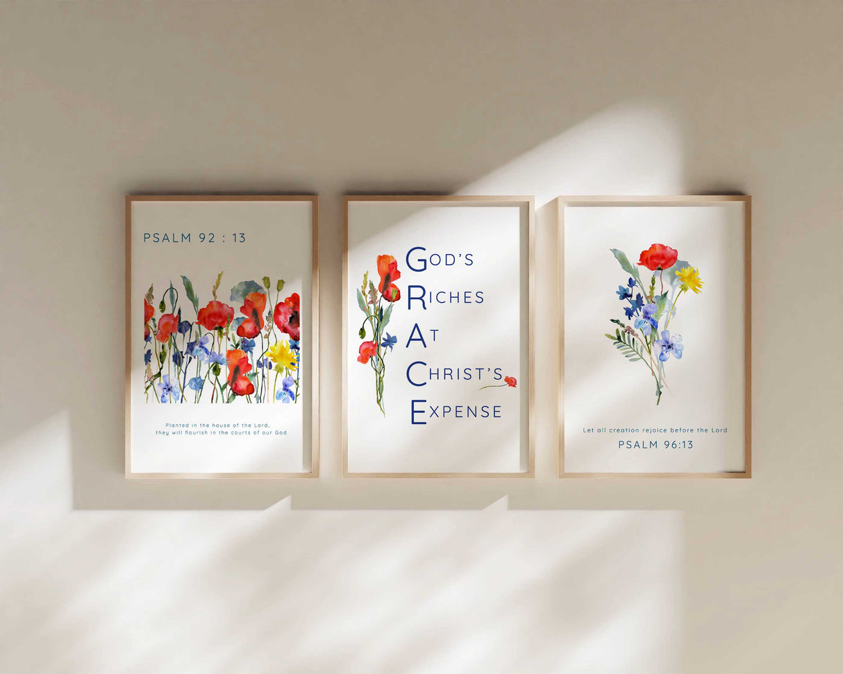 Wildflower Bible Verse Quotes 3 Print Set, Floral Modern Scripture Wall Art, Nature Inspired Spring Meadow Christian Prints