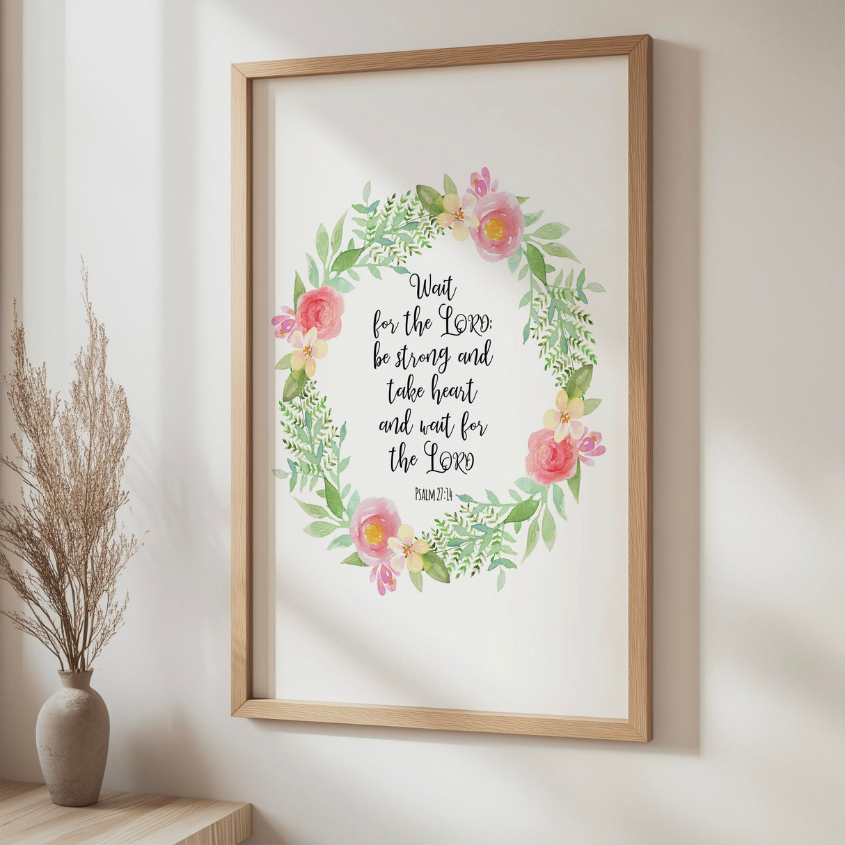 Christian wall art print showing Psalm 27:14 in a delicate watercolour flower wreath with soft colours.