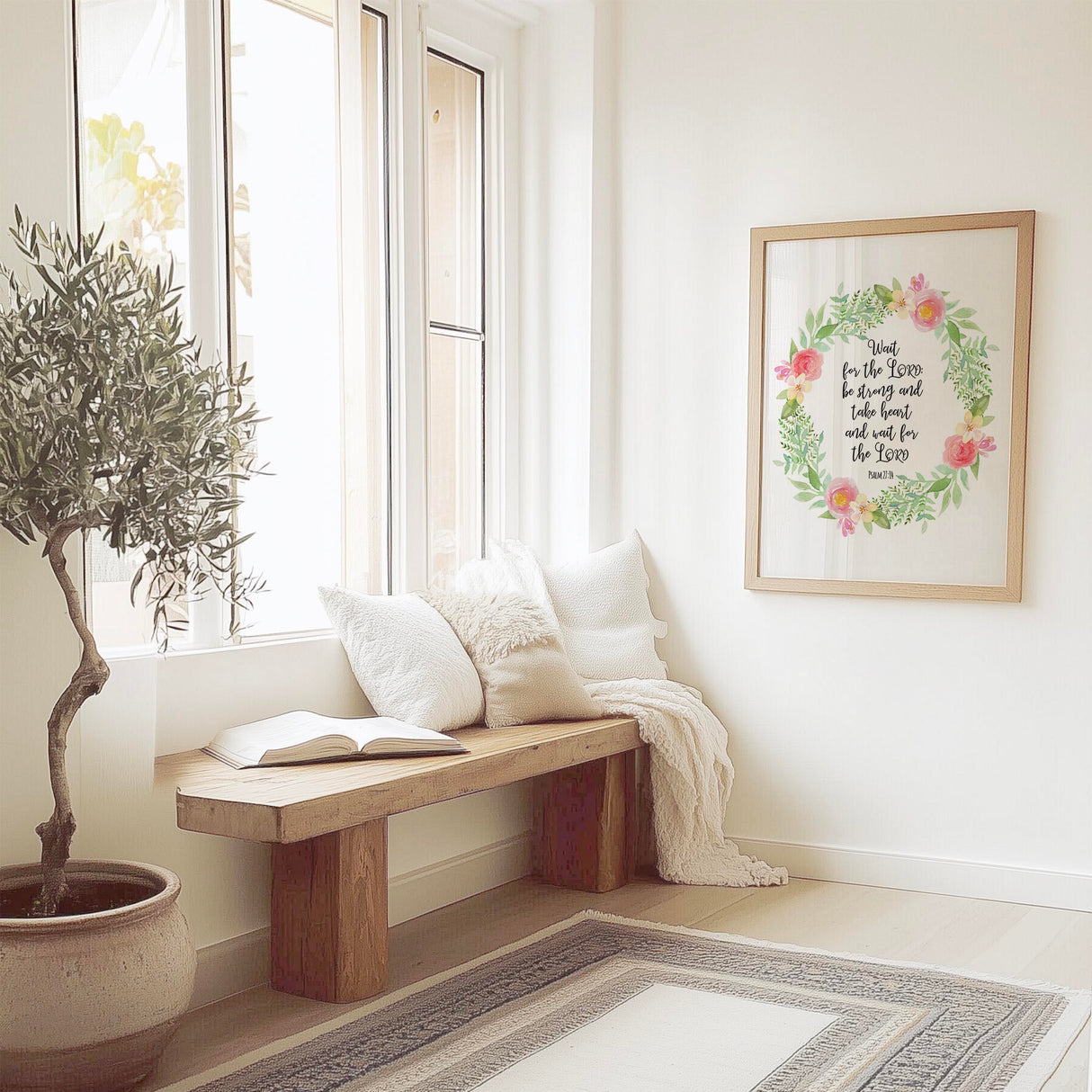 Inspiring scripture print with “Wait for the Lord” surrounded by hand-painted floral Christian artwork.