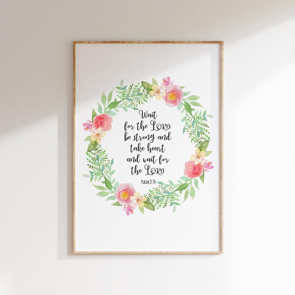 Inspirational Psalm 27:14 Quote Encircled by a Beautiful Watercolor Floral Wreath.