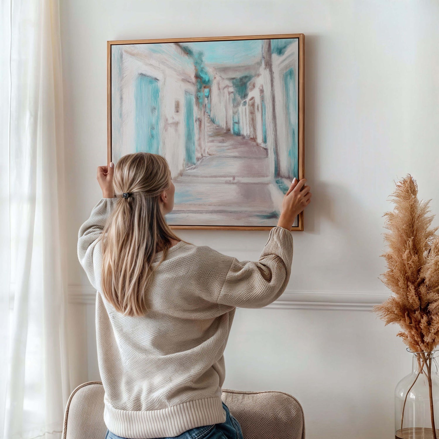 Serene wall art print showing the essence of a Greek island street