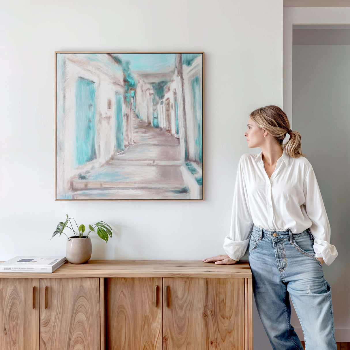 Abstract Greek-inspired print with layered brushstrokes in beachy hues