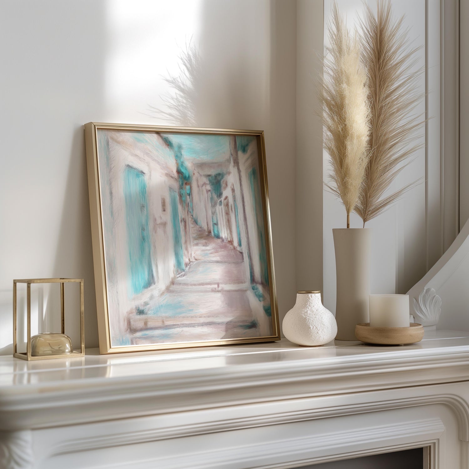 Modern coastal art print showing a whitewashed Greek alley in abstract style