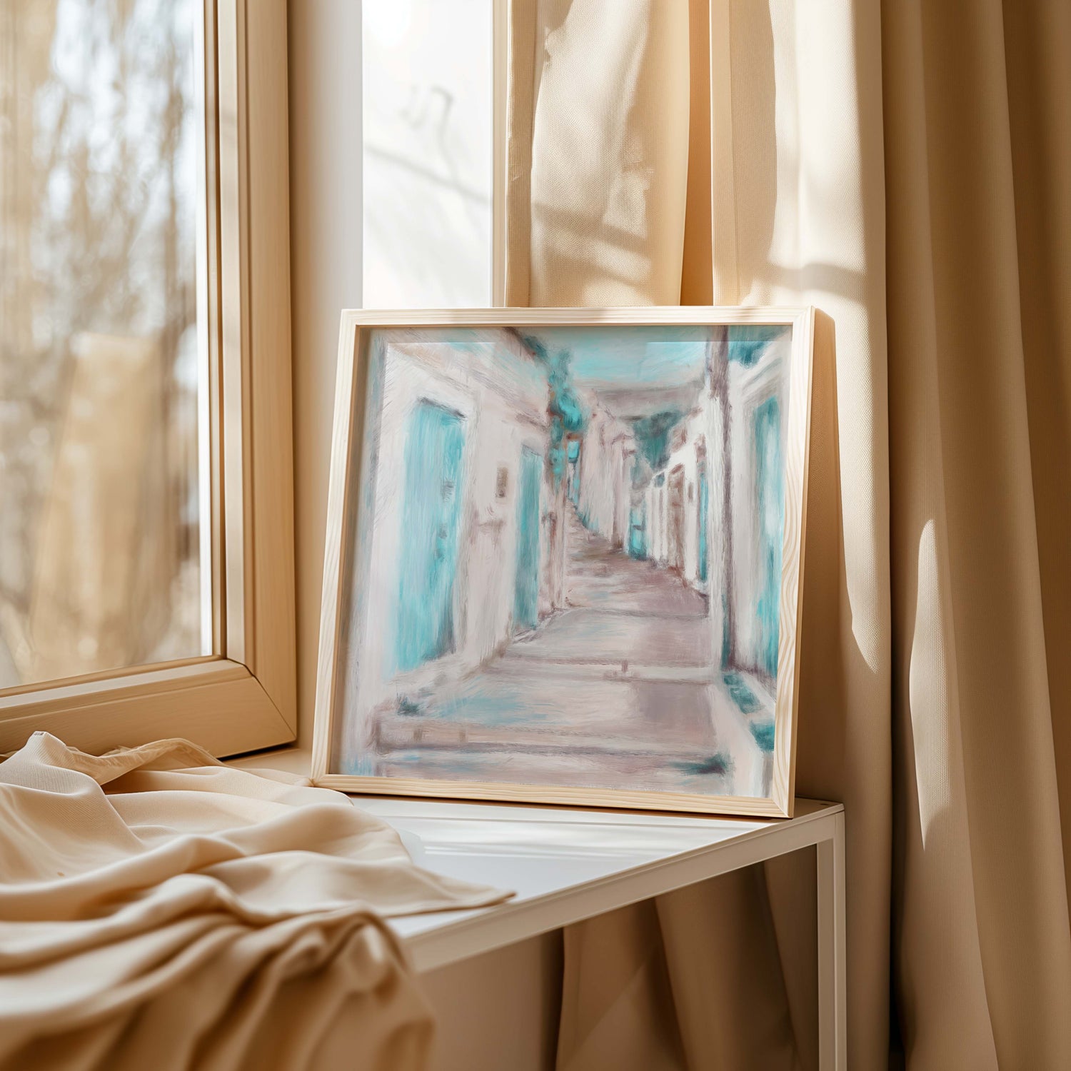 Abstract square painting with teal, white, and beige, evoking Greek summer