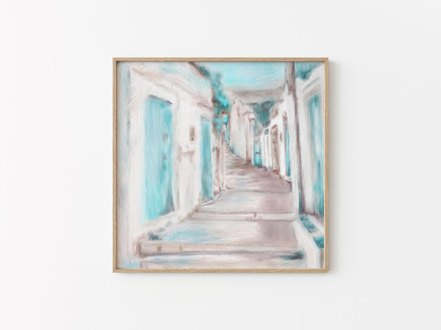 Painting of a Greek street in abstract, with cream walls and turquoise skies