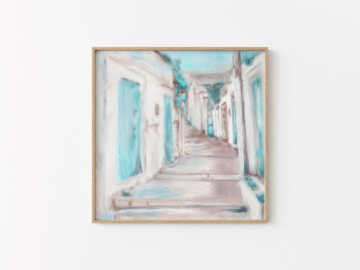 Painting of a Greek street in abstract, with cream walls and turquoise skies