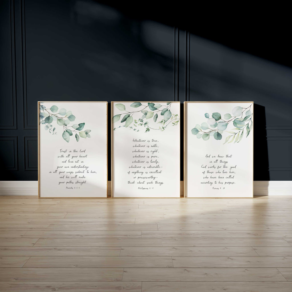 Nature-inspired Christian print collection, Greenery and scripture wall decor set, Tranquil eucalyptus leaves with biblical quotes