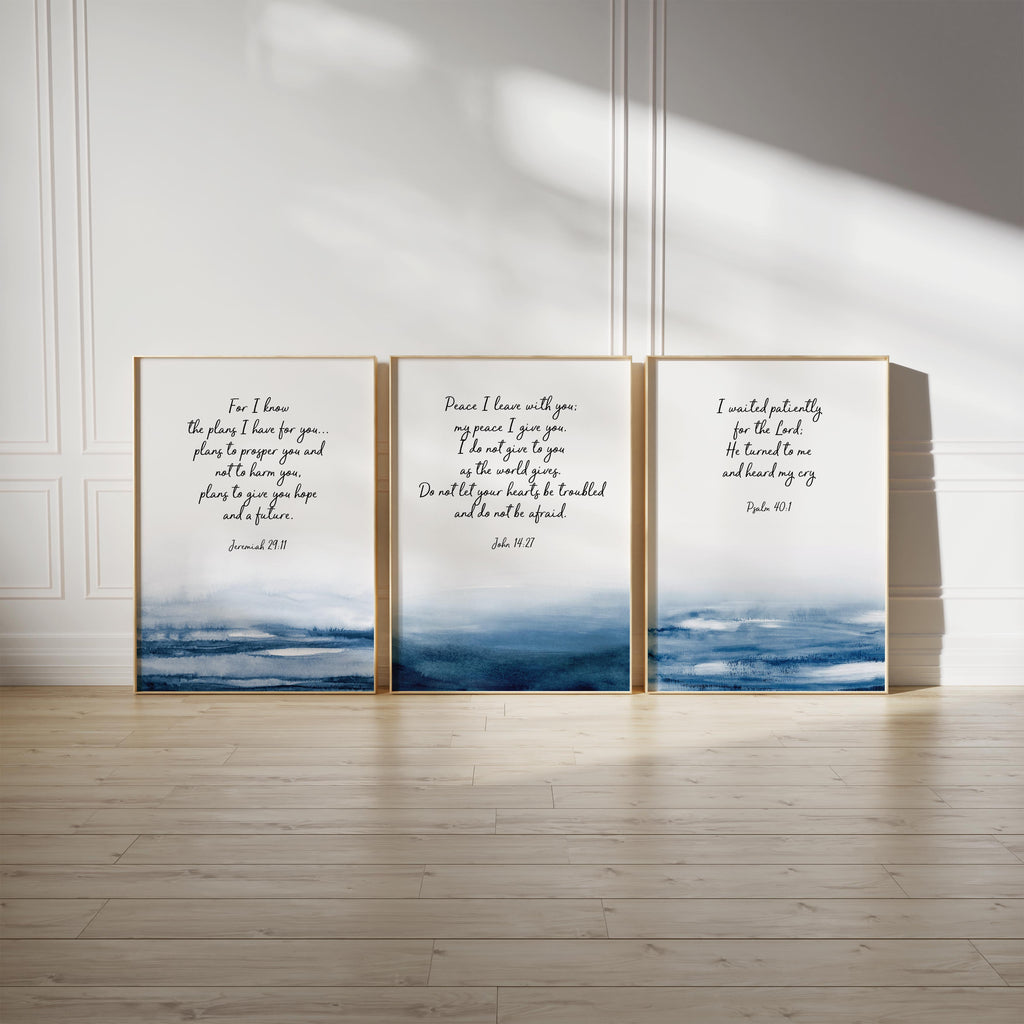Blue Abstract Watercolor Bible Verse Prints Set of 3, Scripture Wall Art with Abstract Dark Blue Watercolor