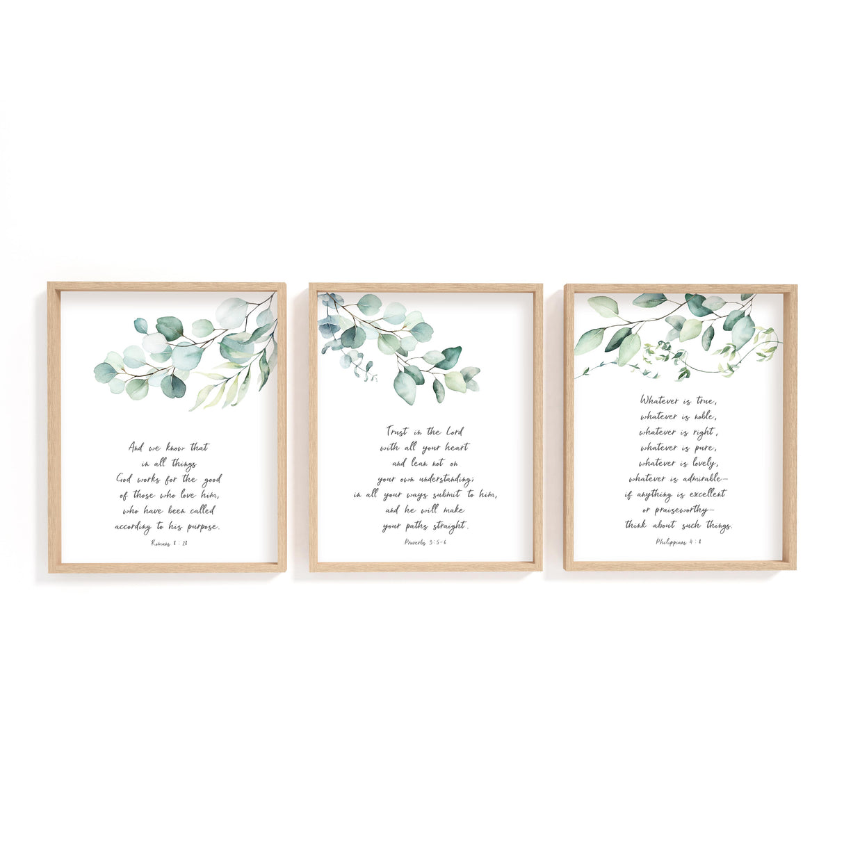 Botanical scripture wall art with eucalyptus leaves and Romans 8:28 verse.