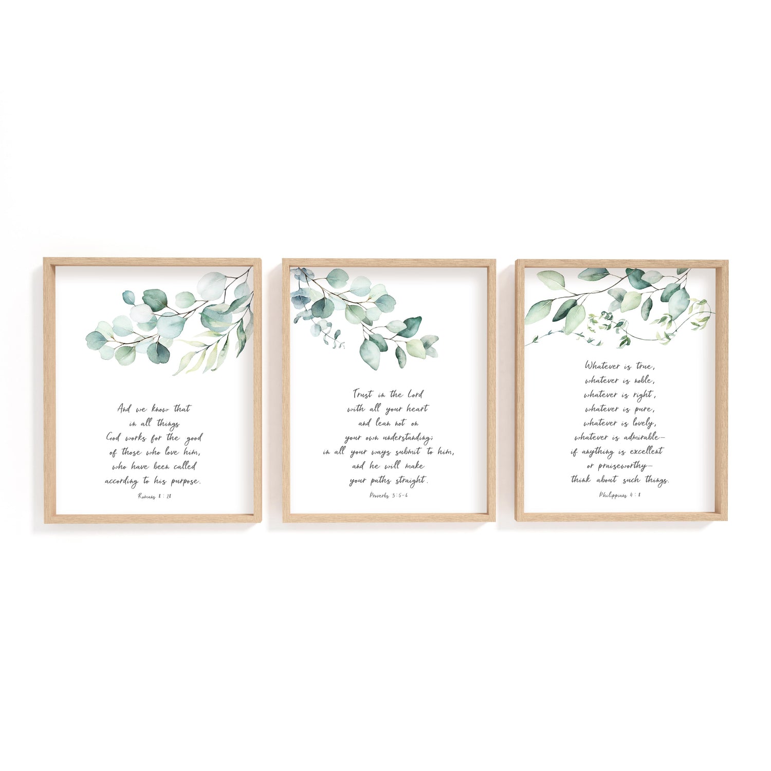 Botanical scripture wall art with eucalyptus leaves and Romans 8:28 verse.