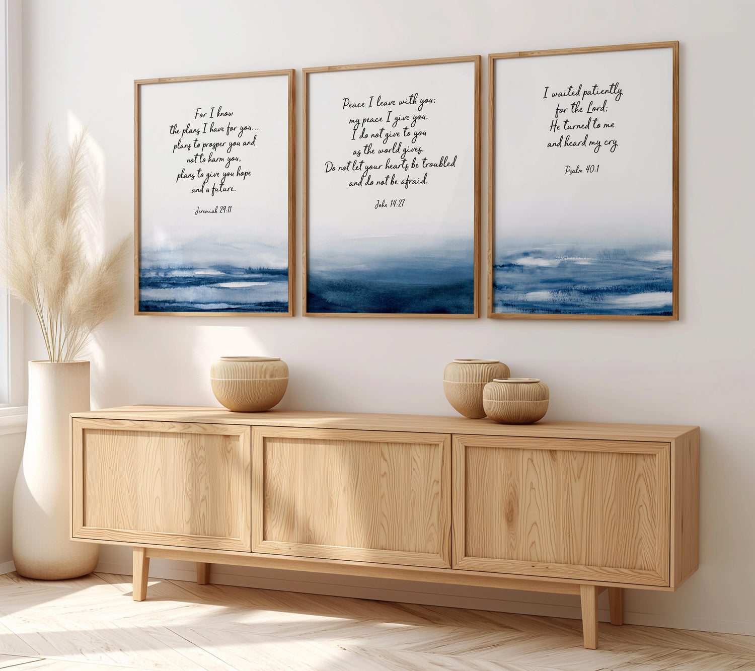 Psalm 40 1 watercolour Bible verse print with calming blue tones and faith-inspired message.