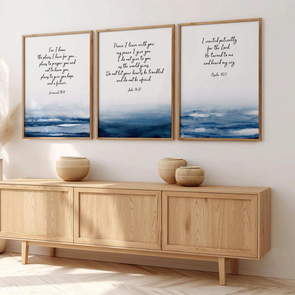 Psalm 40 1 watercolour Bible verse print with calming blue tones and faith-inspired message.