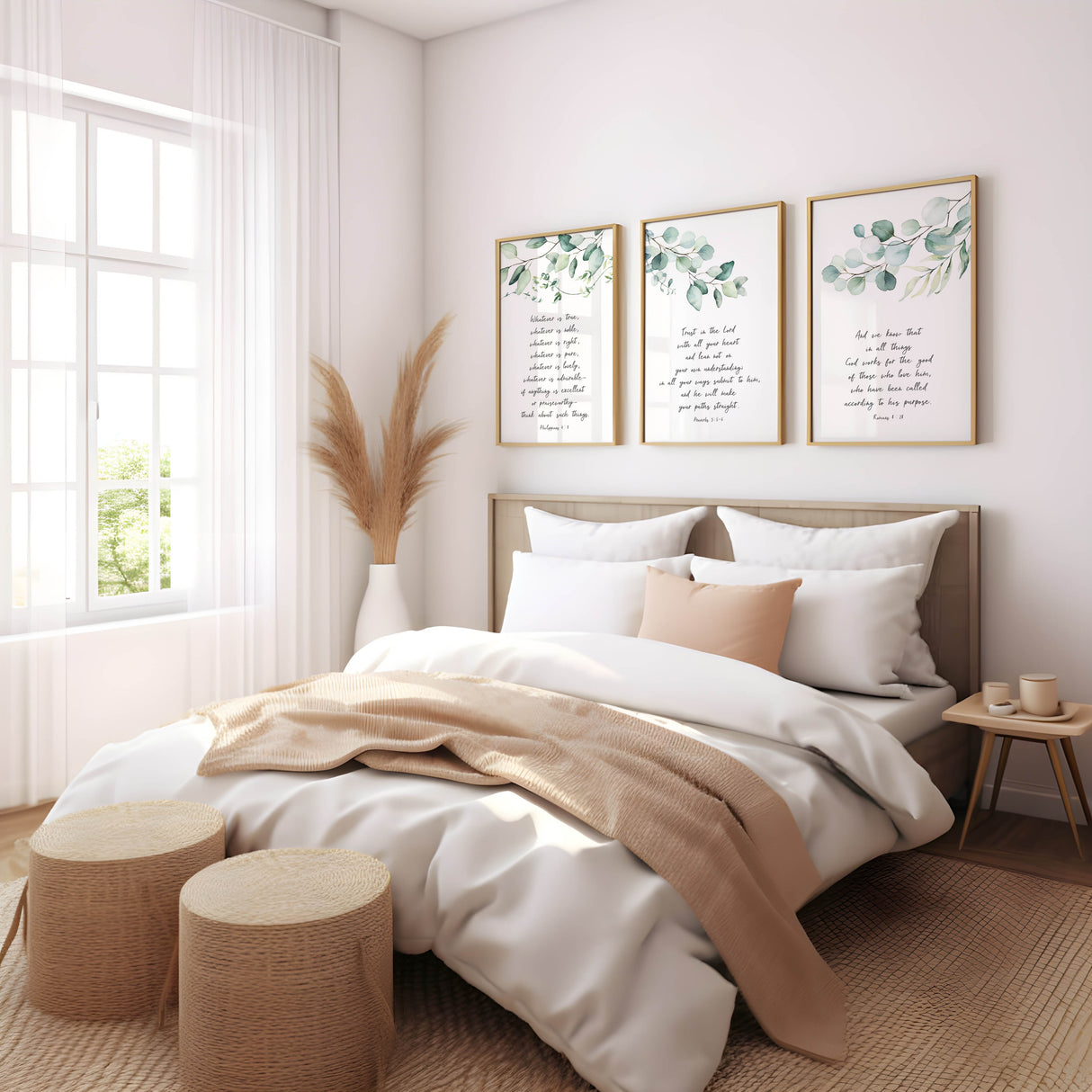 Christian print of Proverbs 3:5-6 with green eucalyptus leaf border.