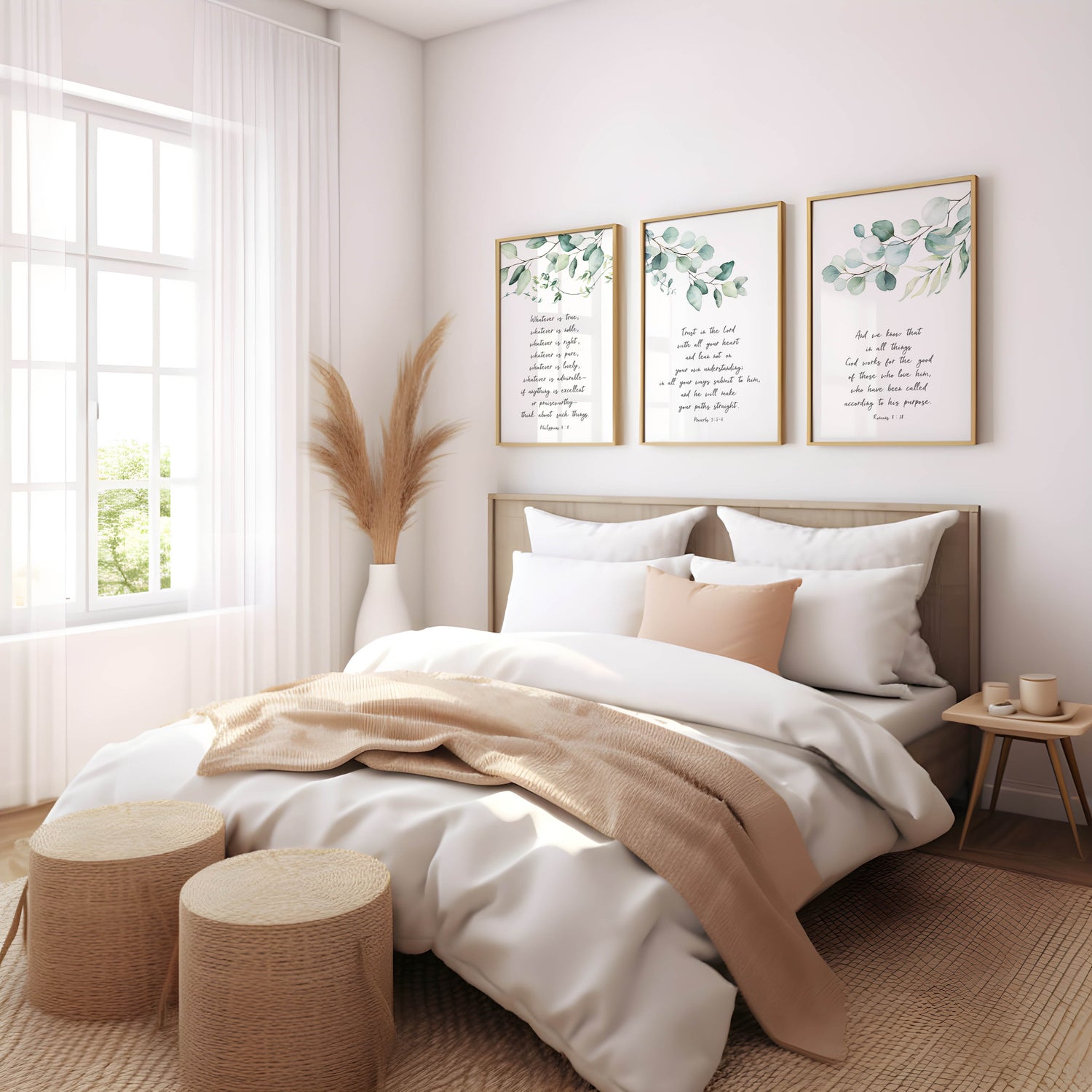 Christian print of Proverbs 3:5-6 with green eucalyptus leaf border.