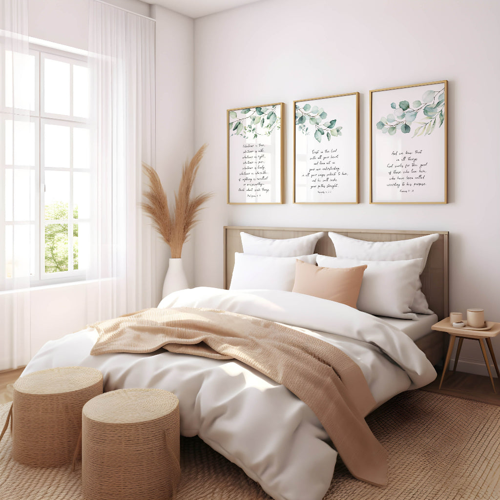Christian print of Proverbs 3:5-6 with green eucalyptus leaf border.