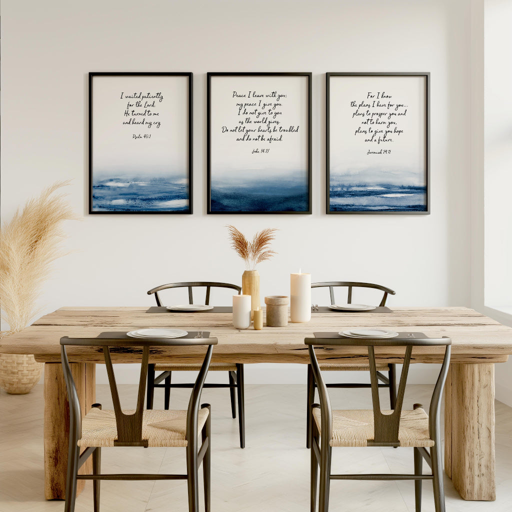 Blue abstract watercolour print with Jeremiah 29 11 verse about God’s plans for hope and a future.