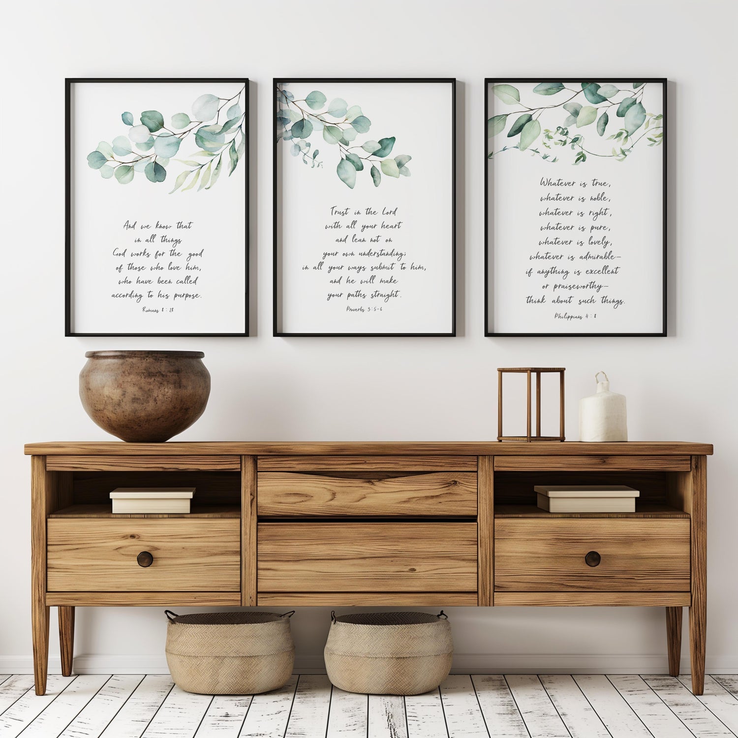 Philippians 4:8 Bible verse art surrounded by botanical greenery. Set of 3 Christian botanical prints combining faith and nature.