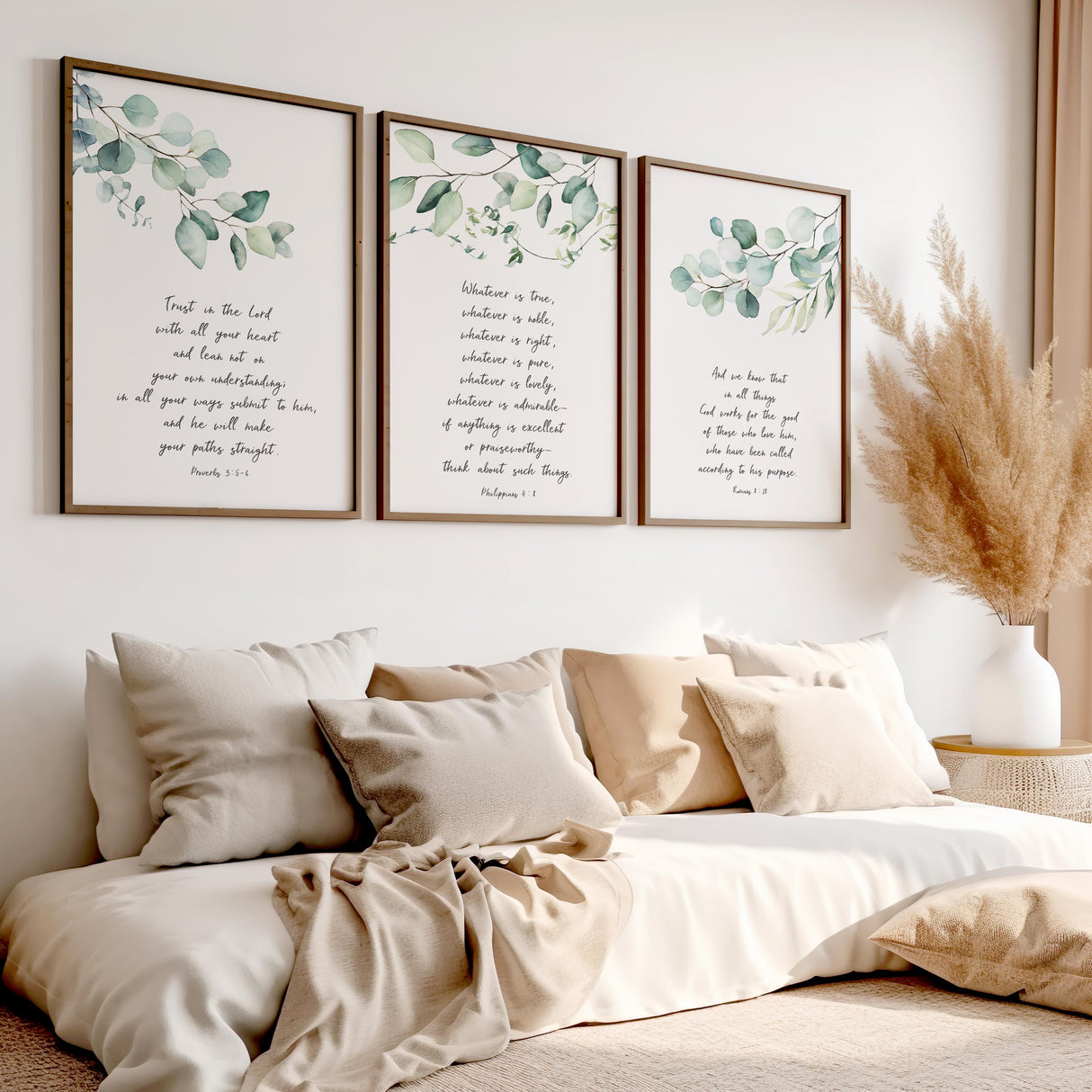 Inspiring Bible verse wall art prints with calming eucalyptus design.