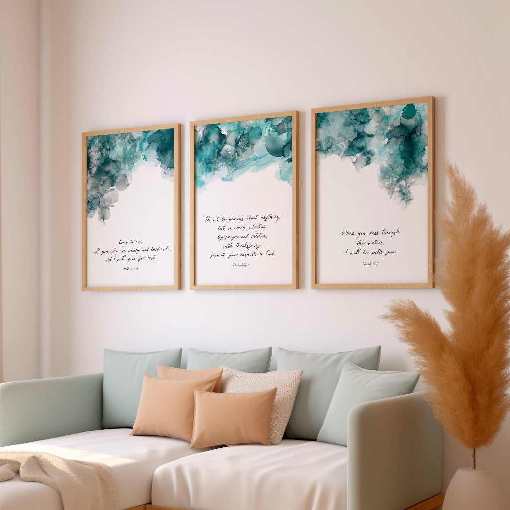 Matthew 11:28 scripture print with soft ink tones reflecting rest and faith in God's promises.