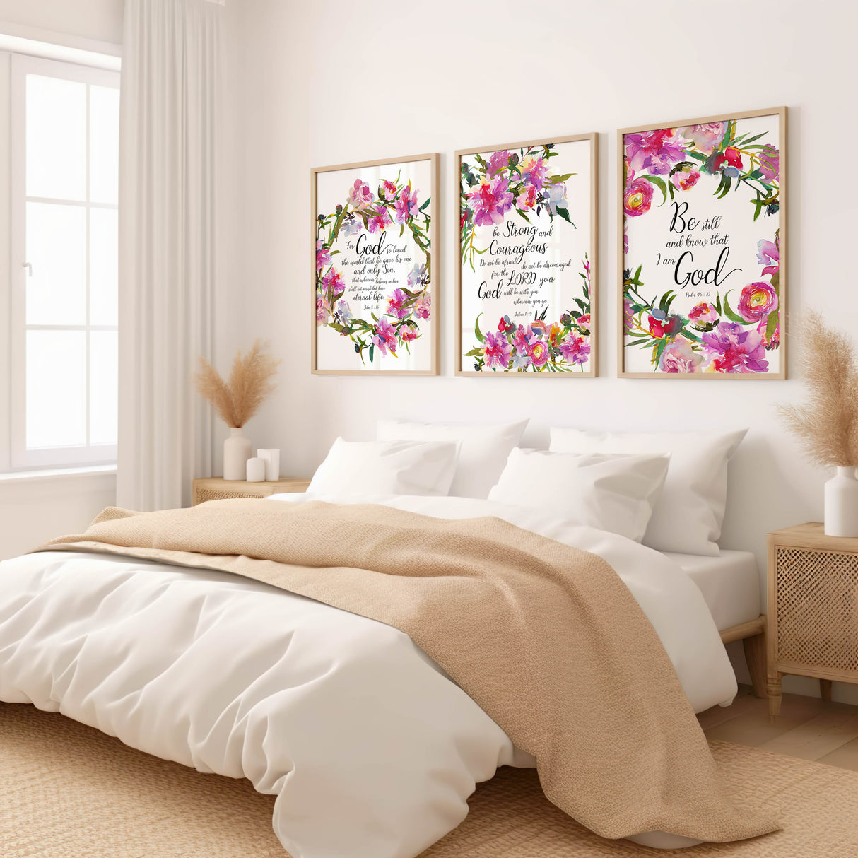 Floral Psalm 46 10 Bible verse print with pink and red flowers reminding us to be still and trust God.