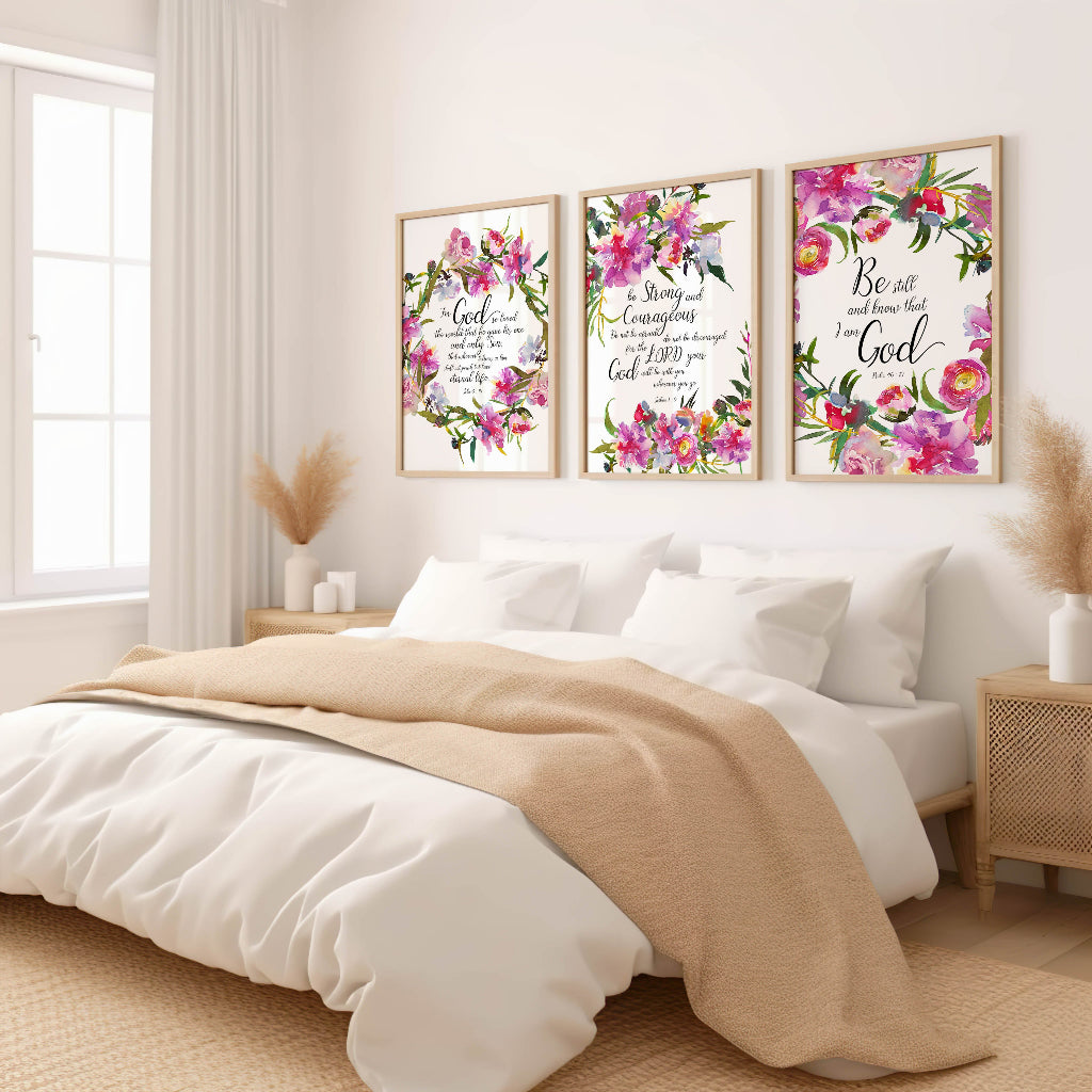 Floral Psalm 46 10 Bible verse print with pink and red flowers reminding us to be still and trust God.