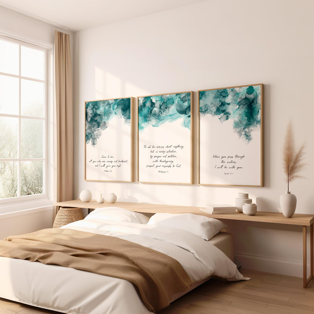 Alcohol ink Bible verse print set featuring Isaiah 43:2, Philippians 4:6, and Matthew 11:28 scriptures.