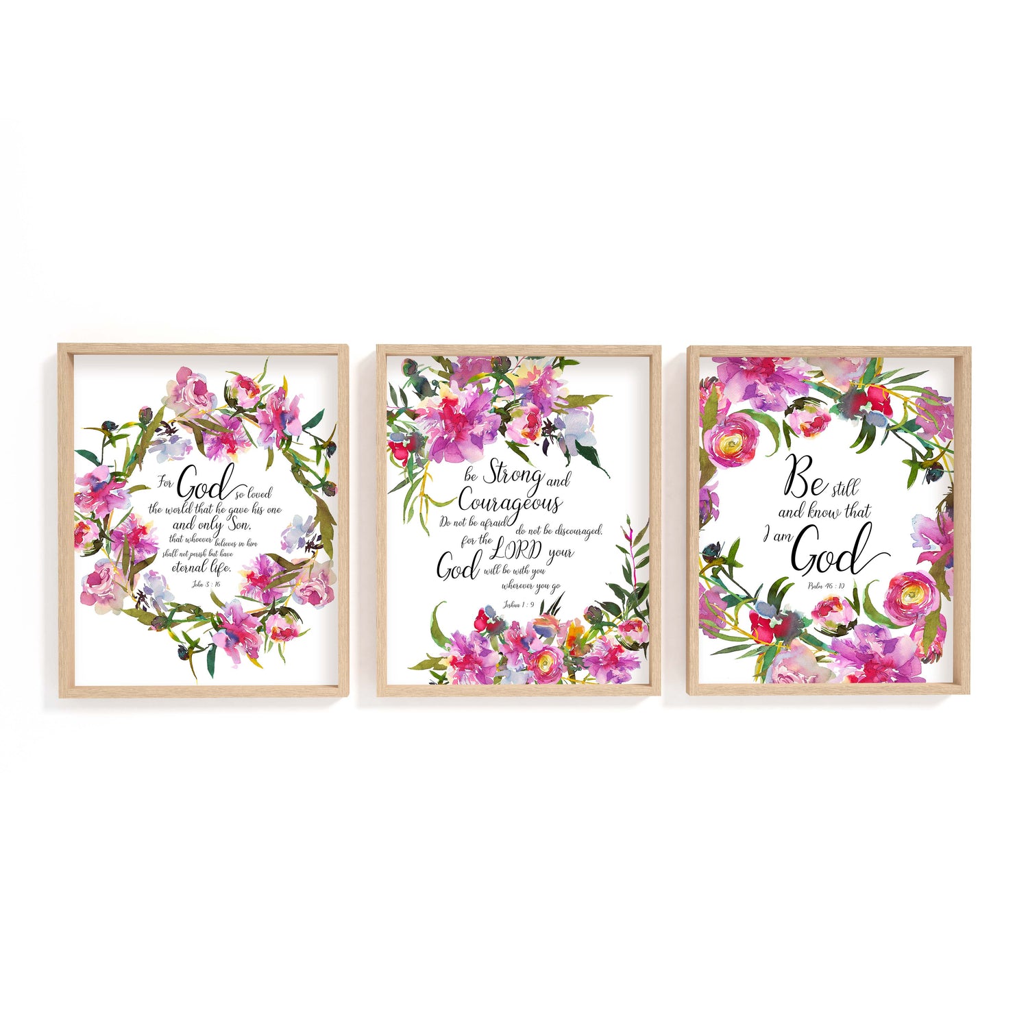 John 3 16 floral Bible verse art with blooming pink and red flowers celebrating God’s love for the world.